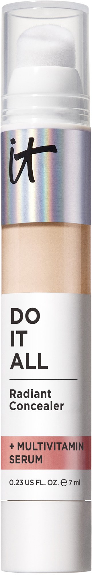A tube of concealer with the words "Do It All" and mentions of radiant coverage and multivitamin serum.
