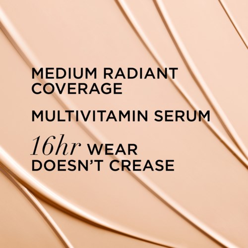 Text describing a skincare product claiming medium coverage, multivitamin serum, 16-hour wear, and non-greasy.