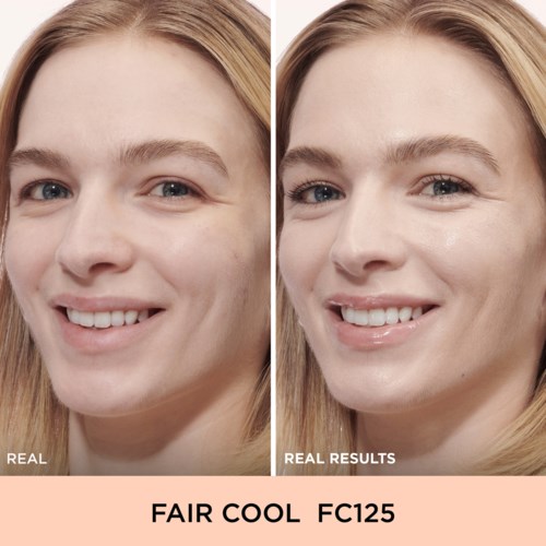 Before and after photos of a woman’s face showing skin improvement with a skincare product.