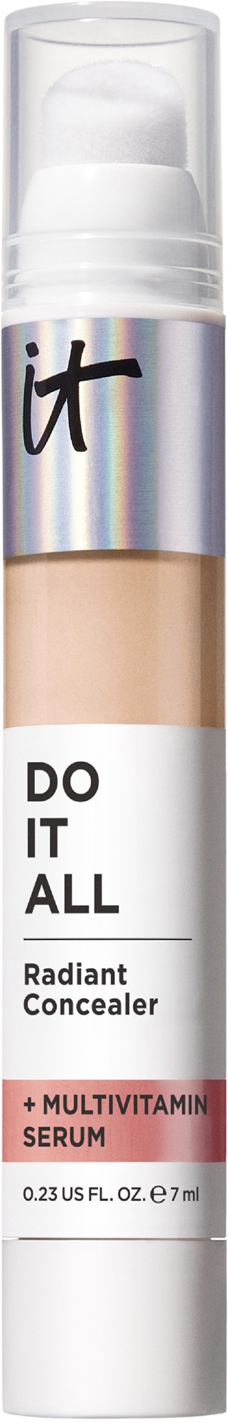 A concealer stick with a shiny top, beige color, and label that says 'Do It All' and '+ Multivitamin Serum.'