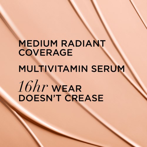 Text advertises a vitamin serum for skin with medium coverage and 16-hour wear, claiming it doesn't crease.