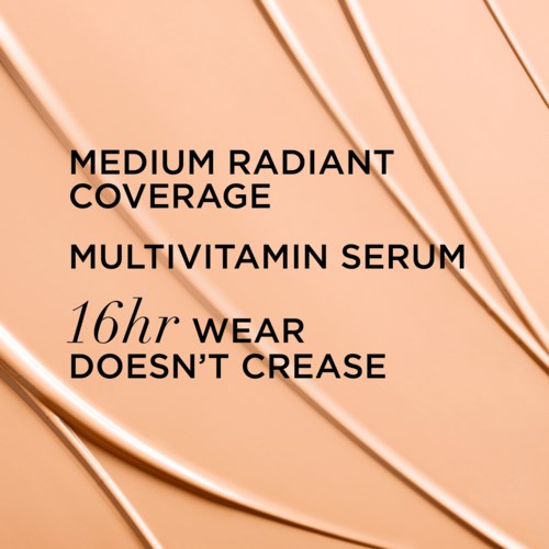 Text describes a vitamin serum with 16-hour wear, providing medium radiant coverage that doesn't crease.