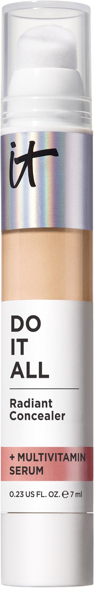 A concealer tube with a clear cap, labeled 'Do It All' and 'Radiant Concealer,' features a plus sign for multivitamin serum.