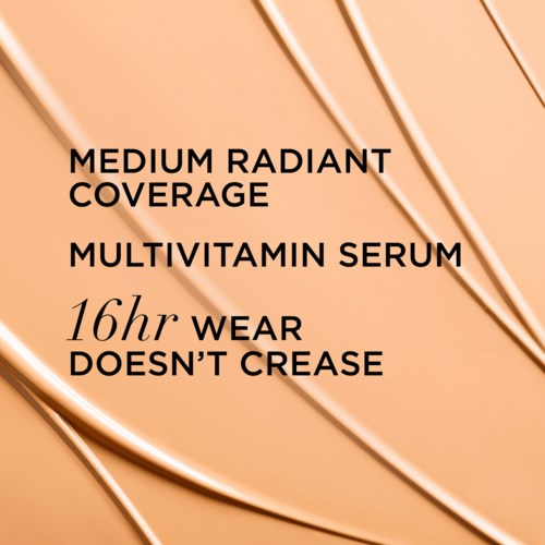 Text describing a skincare product with benefits and features on a shiny, beige background.