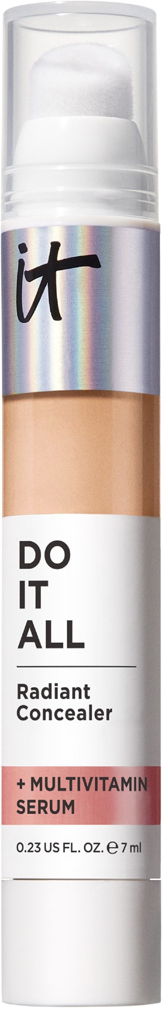 A concealer stick labeled 'Do It All' with multivitamin serum, highlighting its skin coverage and brightening properties.