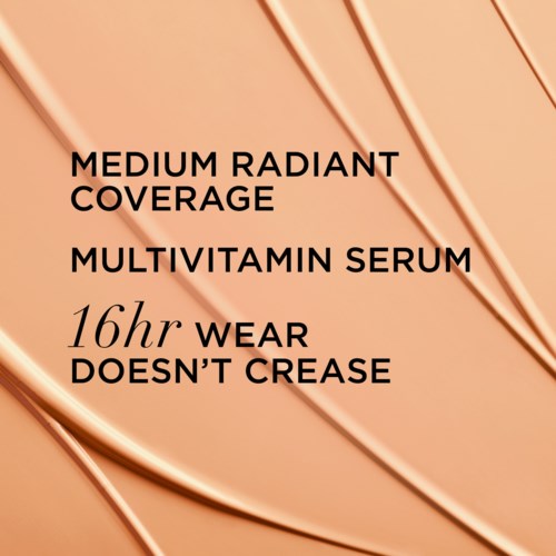 Text about a skincare product indicating medium sun protection, multivitamin content, and 16 hours of wear without creasing.