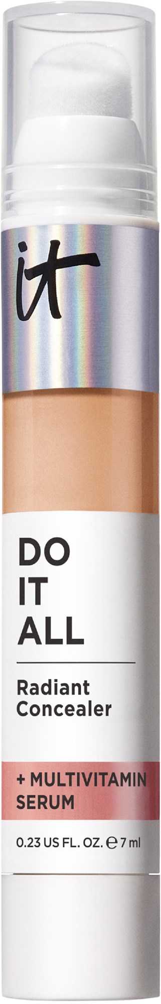 A skincare product in a white tube, labeled 'Do It All' with a beige concealer and pink serum section.