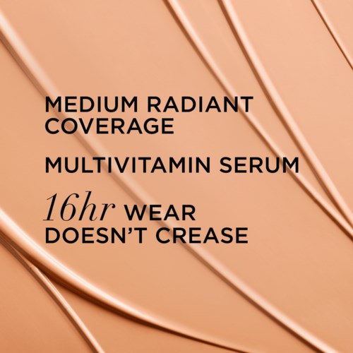 Text describes a skincare product with medium coverage, multivitamin serum, lasting 16 hours, and not causing oiliness.