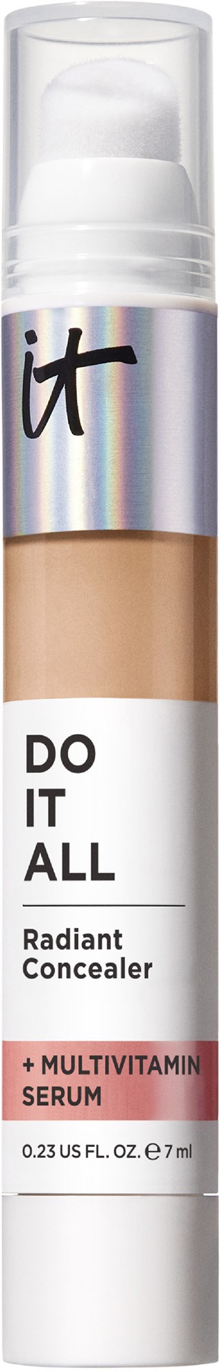 A concealer tube with a skin tone shade, labeled "Do It All," containing serum with multivitamins, 0.23 fl oz.