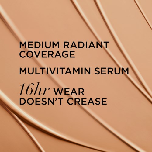 Text about a skin serum highlighting coverage, vitamin content, and wear duration.