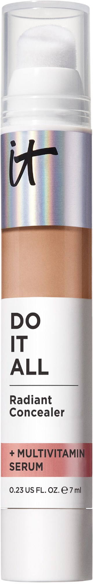 A concealer tube with a beige product inside, labeled 'It Cosmetics,' promoting a radiant concealer with multivitamins.