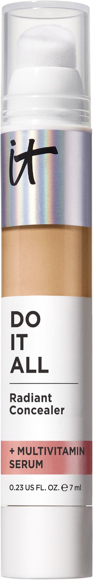 A stick of concealer with a beige top and white bottom, labeled 'DO IT ALL' and '+MULTIVITAMIN SERUM'.