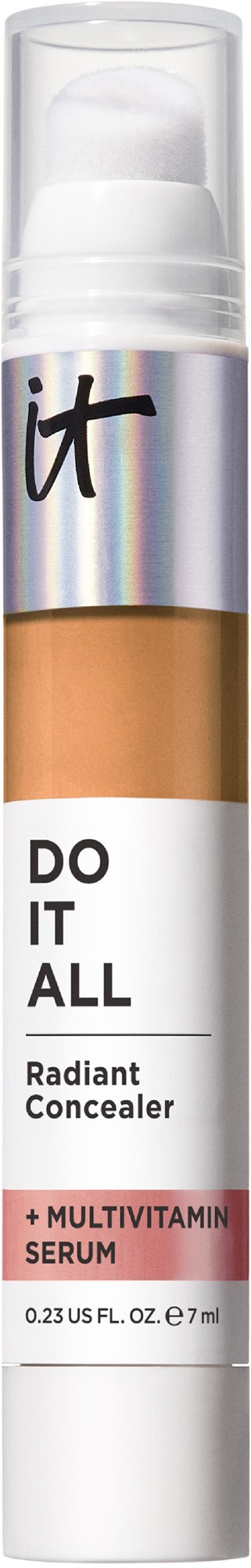 A concealer stick with a white and holographic label, says 'Do It All' and 'Radiant Concealer'.