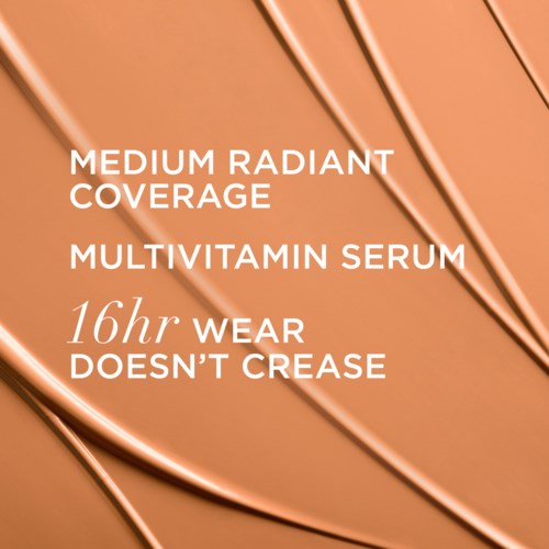 Text advertising multivitamin serum with good coverage, lasts 16 hours, does not crease, on a metallic orange background.