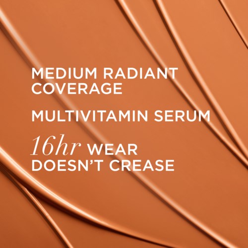 Text about a skincare product highlighting medium radiant coverage, multitvitamin serum, 16-hour wear, and non-greasy feel.