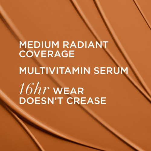 Text promoting a multivitamin serum that offers medium radiant coverage and 16-hour wear without creasing.