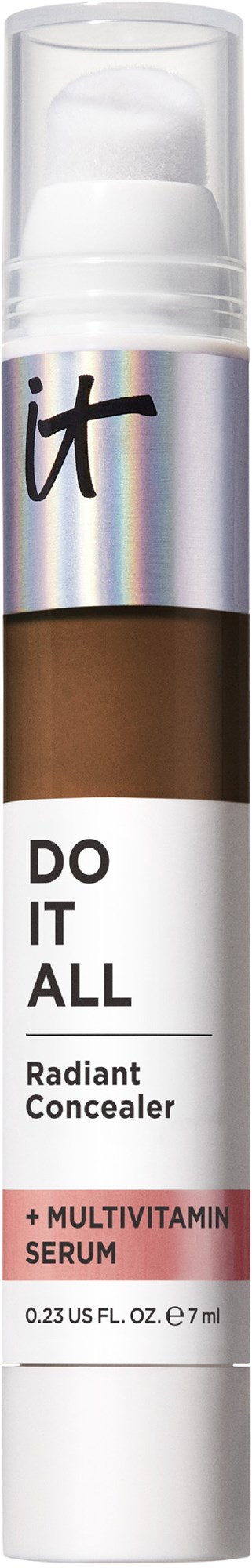 A concealer stick with a clear cap, labeled 'DO IT ALL', contains radiant concealer and multivitamin serum.