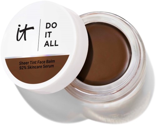 Purnukka Sheer Tint Face Balm, jossa on ruskea sävyinen voide ja valkoinen kansi mustalla ja ruskealla tekstillä.