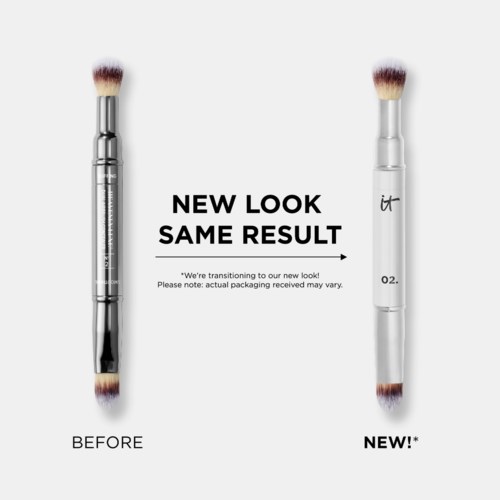 Two makeup brushes shown side by side, one labeled before and the other new, with a message about new look and same result.