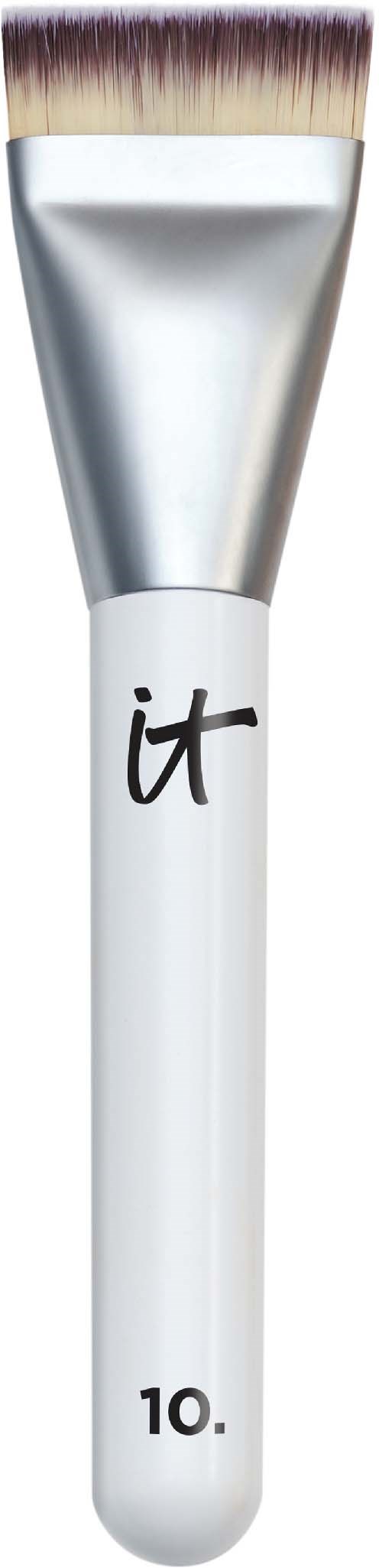 A makeup brush with a white handle, silver ferrule, and soft bristles, labeled 'it' and '10.'