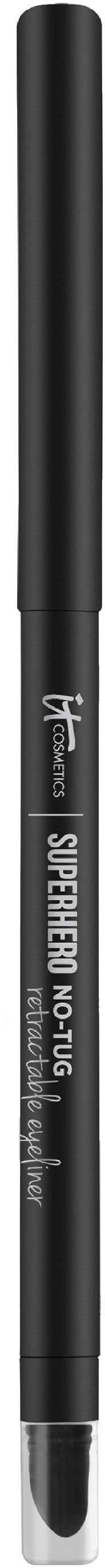 A black makeup pen with silver and white text, labeled as a lip liner, slim and cylindrical shaped.