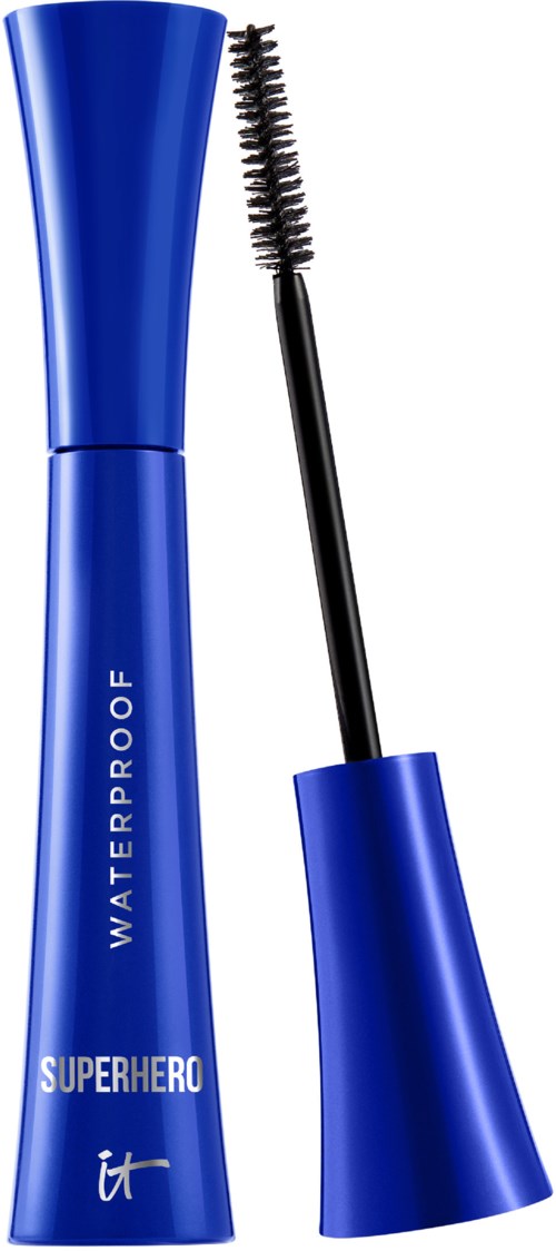 Blue waterproof mascara tube with a curved shape, labeled 'SUPERHERO' and 'WATERPROOF,' with the brush removed.