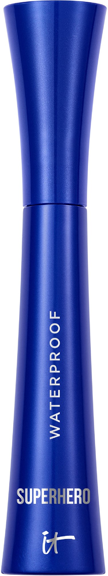 A tall, blue, waterproof product labeled 'Superhero' with a curved shape.