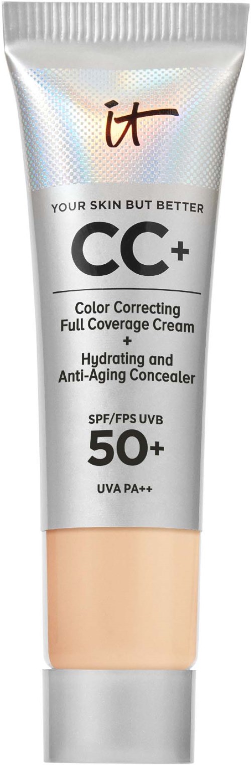 Eine Tube Hautcreme mit SPF 50+ und UVA-Schutz, Beschriftung CC+ für Farbkorrektur und Anti-Aging.