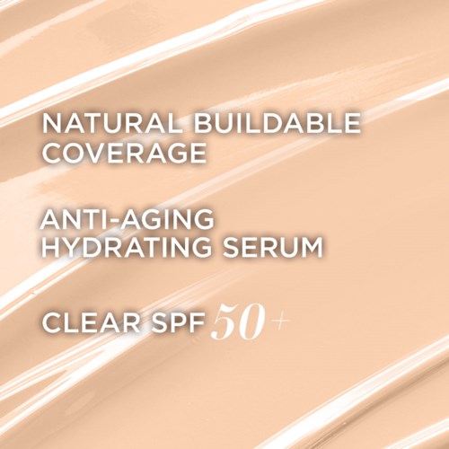 Der Text beschreibt ein Hautpflegeprodukt mit natürlicher Abdeckung, Anti-Aging-Serum und SPF 50+ Schutz.