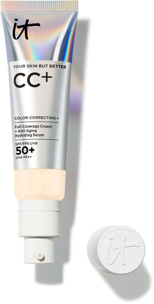 A tube of CC cream with a cap, labeled 'it' and SPF 50+ for skin care and protection.