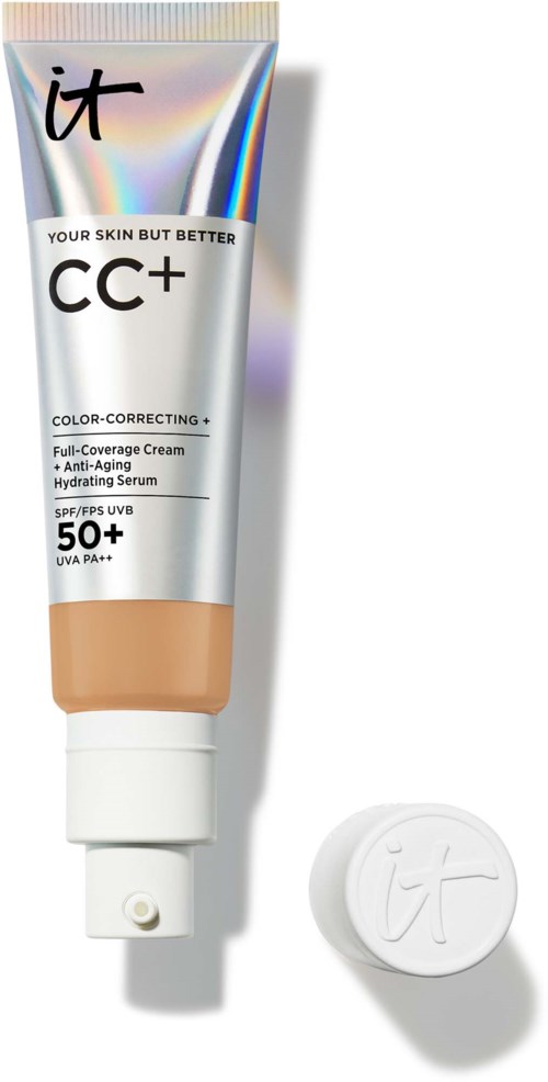 A tube of CC cream with a cap nearby, labeled as color-correcting, with SPF 50+ for skin protection.