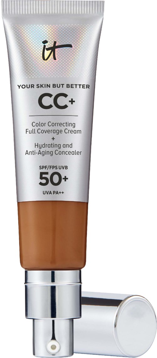 En tub med hudvårdsgrädde från märket 'it' med SPF 50+ och UV-skydd, avsedd för färgkorrigering och återfuktning.