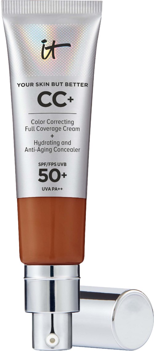 En tub med hudkräm med SPF 50+, märkt 'CC+'. Den har en silverlock och ett brunt avsnitt nära botten.