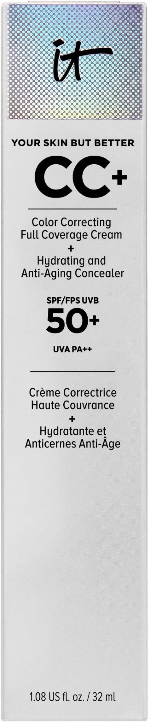 Det är en förpackning för en hudvårdsprodukt med SPF 50+ och UVA-skydd, märkt CC+ för färgkorrigering och anti-aging.