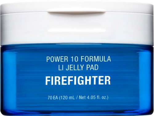 Blauer Behälter mit weißem Deckel, beschriftet 'Firefighter' und 'Power 10 Formula Li Jelly Pad'.