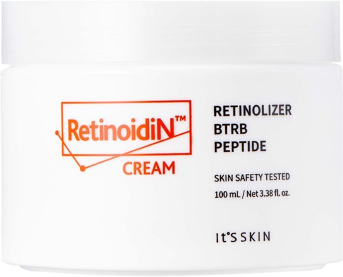 Ein weißer Behälter mit RetinoidIN Creme, enthält Details zu Retinol und Hautsicherheitstests.