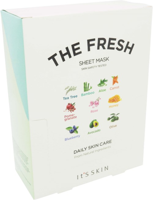 En box märkt 'The Fresh Sheet Mask' med ikoner för 10 naturliga ingredienser och hudvårdsbeskrivning.