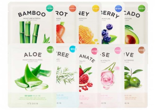 Etiketter för olika växtbaserade hudvårdsprodukter med namn som Bambu, Aloe, Rose och Avocado.