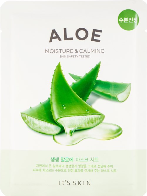 Eine Packung mit Aloe Vera Scheiben, grüne und weiße Farben, und Text über Feuchtigkeit und beruhigende Hautpflege.