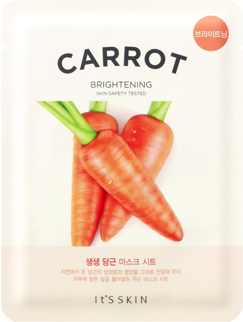 Eine Gesichtsmaske mit Karotten auf weißem Hintergrund, gekennzeichnet für Hautaufhellung. Text auf Englisch und Koreanisch.