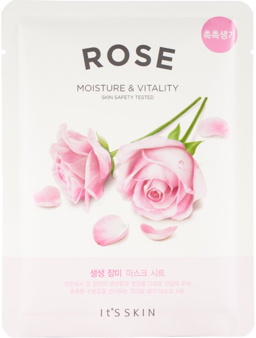 Eine Gesichtsmaske mit pinken Rosen und Blütenblättern auf weißer Verpackung, gekennzeichnet mit 'ROSE' und 'MOISTURE & VITALITY'.