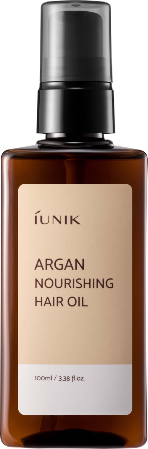 Bruine fles met pomp. Label leest IUNIK Argan Nourishing Hair Oil. Inhoud 100ml.