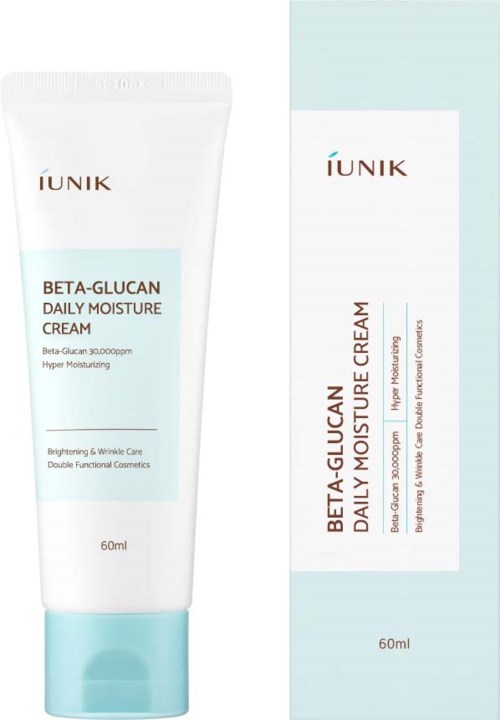 Een witte tube IUNIK Beta-Glucan Daily Moisture Cream met blauwe accenten en een bijpassende doos ernaast.