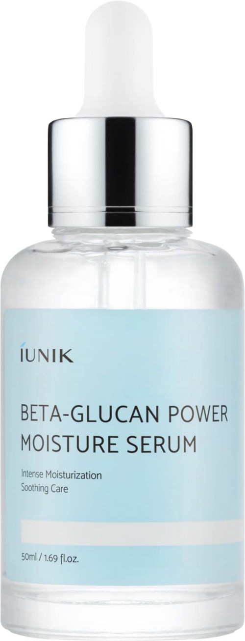 Een heldere glazen fles met een witte pipetkap, gelabeld 'Beta-Glucan Power Moisture Serum' voor huidhydratatie.