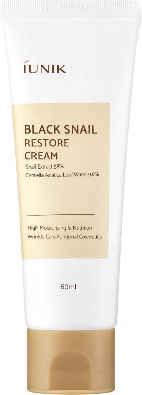 Een witte tube huidverzorgingscrème met beige onderkant, gemarkeerd 'Black Snail Restore Cream' door IUNIK.