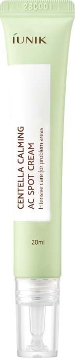Een groene en witte tube van IUNIK Centella Calming Spot Cream, 20 ml, voor kalmering van de huid en acnebehandeling.