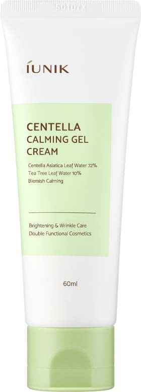 Een tube van IUNIK Centella Calming Gel Cream met groen en wit verpakking, bevordert kalmerende en rimpelverminderende verzorging.