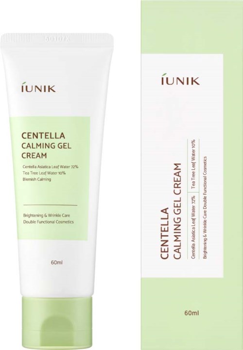 Een witte tube IUNIK Centella Calming Gel Cream met groene label, naast de doos. Beide bevatten productgegevens.