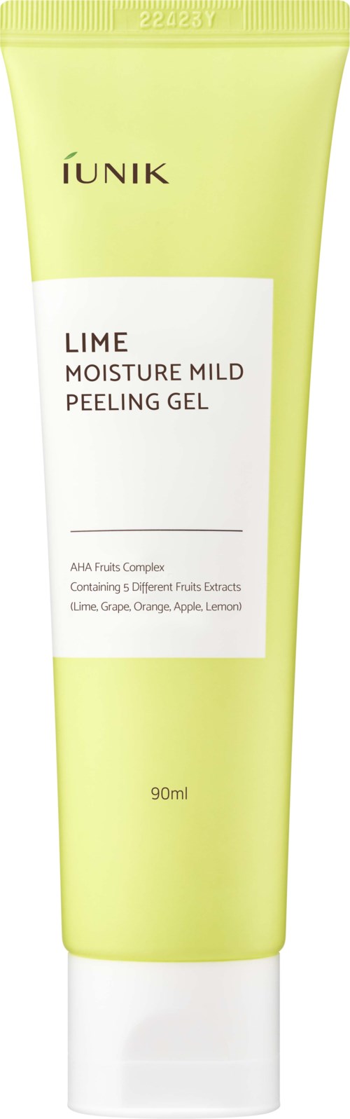 Een tube van IUNIK Lime Moisture Mild Peeling Gel met een geelgroene kleur en witte label.