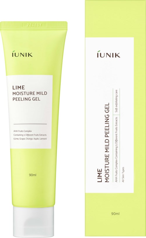 Groene tube en doos van IUNIK Lime Moisture Mild Peeling Gel, 90ml. Eenvoudig ontwerp met productnaam.